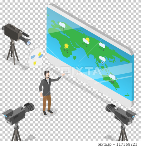 3D Isometric Flat  Illustration of Weather Forecast, TV Reporter at Work 117368223