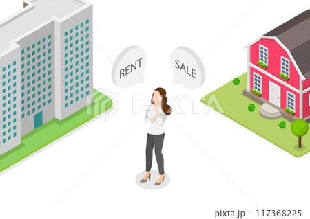 3D Isometric Flat  Illustration of Rent Vs Sell Property, Making Decision 117368225