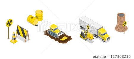 3D Isometric Flat Set of Radioactive Waste Items, Hazardous Waste Management 3D Isometric Flat Set of Radioactive Waste Items, Hazardous Waste Management 117368236
