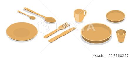 3D Isometric Flat Set of Eco-Friendly Dinnerware, Sustainable Wooden Cutlery and Plates 3D Isometric Flat Set of Eco-Friendly Dinnerware, Sustainable Wooden Cutlery and Plates 117368237