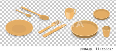 3D Isometric Flat Set of Eco-Friendly Dinnerware, Sustainable Wooden Cutlery and Plates 3D Isometric Flat Set of Eco-Friendly Dinnerware, Sustainable Wooden Cutlery and Plates 117368237