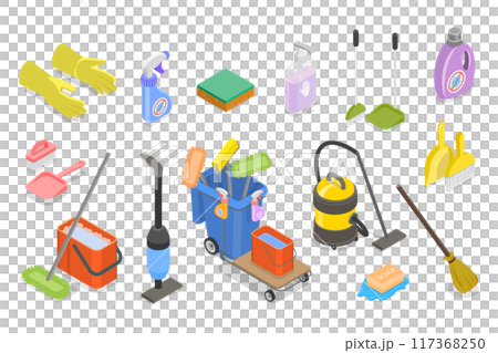 3D Isometric Flat Illustration of Cleaning Items, Domestic Housekeeping Products 3D Isometric Flat Illustration of Cleaning Items, Domestic Housekeeping Products 117368250