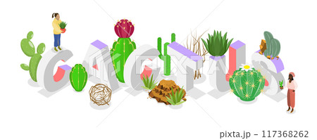 3D Isometric Flat  Illustration of Cactus Word Composition, Desert Plants 117368262