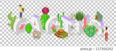 3D Isometric Flat  Illustration of Cactus Word Composition, Desert Plants 117368262
