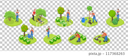 3D Isometric Flat Set of Garden Tools And People, Landscape Designers and Farming Equipment 3D Isometric Flat Set of Garden Tools And People, Landscape Designers and Farming Equipment 117368263