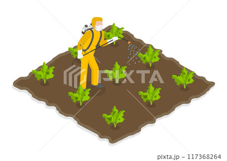 3D Isometric Flat  Illustration of Chemical Fertilizer, Farmer Spraying Pesticides on a Field 117368264
