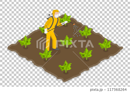 3D Isometric Flat  Illustration of Chemical Fertilizer, Farmer Spraying Pesticides on a Field 117368264