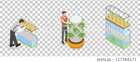 3D Isometric Flat  Illustration of Hydroponics, Aeroponics And Aquaponics In Greenhouse, Agriculture Methods for Crop Cultivation 117368271