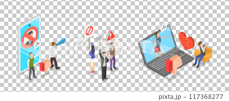 3D Isometric Flat  Illustration of Social Media Behavior, Boycott or Mass Riots 117368277