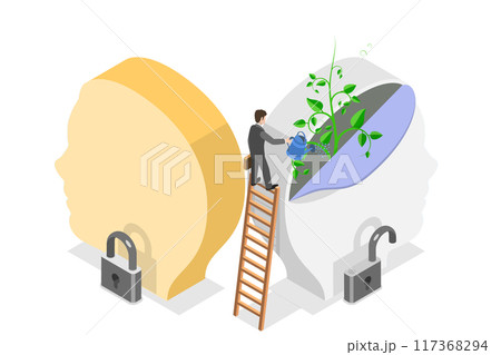3D Isometric Flat  Illustration of Fixed Mindset vs Growth Mindset, Difference of Positive and Negative Thinking 117368294