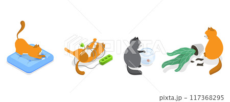 3D Isometric Flat  Illustration of Naughty Pets, Scenes With Cute Cats 117368295