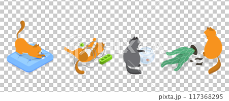3D Isometric Flat  Illustration of Naughty Pets, Scenes With Cute Cats 117368295