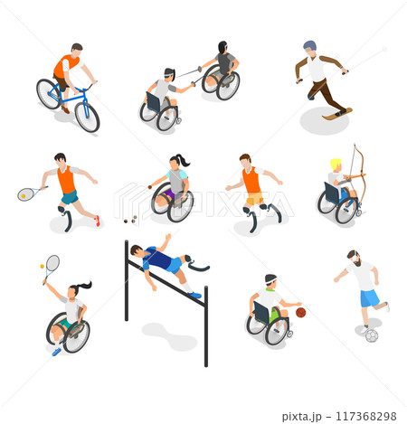 3D Isometric Flat  Set of Paralympians, Sportsmen with Disabilities 117368298