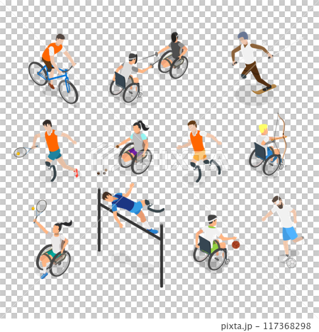 3D Isometric Flat  Set of Paralympians, Sportsmen with Disabilities 117368298
