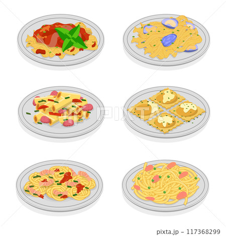 3D Isometric Flat  Set of Traditional Italian Cuisine, Mediterranean Food 117368299