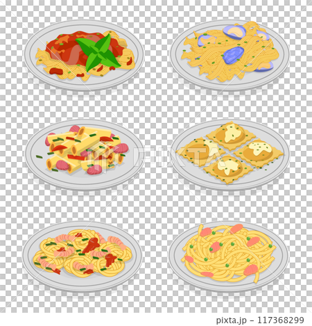 3D Isometric Flat  Set of Traditional Italian Cuisine, Mediterranean Food 117368299