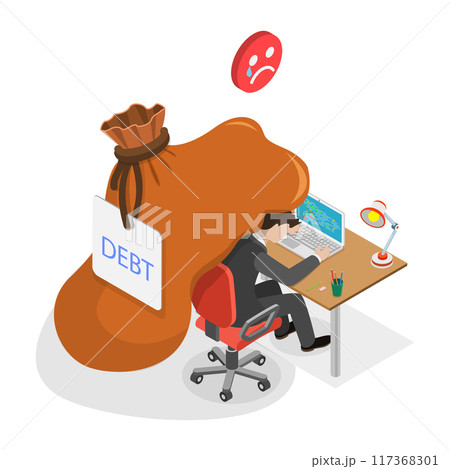 3D Isometric Flat  Illustration of Finance Debt, Pressured Office Worker, Unpaid Loan 117368301
