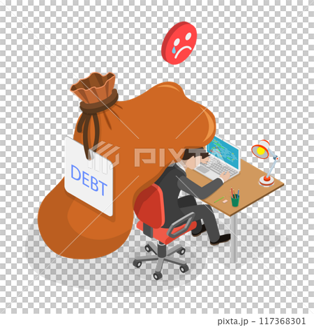3D Isometric Flat  Illustration of Finance Debt, Pressured Office Worker, Unpaid Loan 117368301