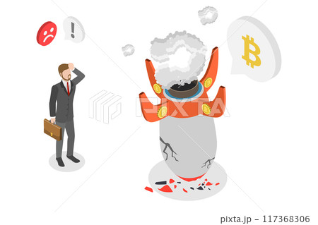 3D Isometric Flat  Illustration of Bitcoin Price Collapse, Cryptocurrency Crash 117368306