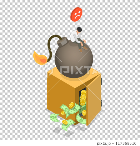 3D Isometric Flat Illustration of Business Danger And Crisis, Young Stressed Unhappy Businessman Sitting on Bomb 3D Isometric Flat Illustration of Business Danger And Crisis, Young Stressed Unhappy Businessman Sitting on Bomb 117368310