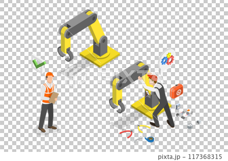 3D Isometric Flat  Illustration of Machine Engineer, Fixing an Assembly Line with Robotic Arms 117368315