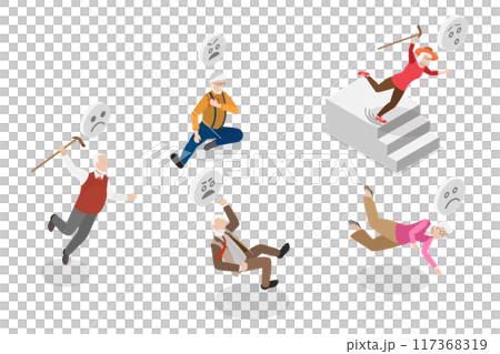 3D Isometric Flat  Illustration of Old People Stumble, Seniors Traumatic Accidents 117368319
