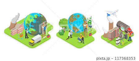 3D Isometric Flat Illustration of Carbon Footprint Reduction , Net Zero Emissions and Carbon Dioxide Neutral Balance 3D Isometric Flat Illustration of Carbon Footprint Reduction , Net Zero Emissions and Carbon Dioxide Neutral Balance 117368353