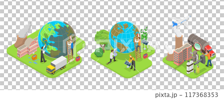 3D Isometric Flat  Illustration of Carbon Footprint Reduction , Net Zero Emissions and Carbon Dioxide Neutral Balance 117368353