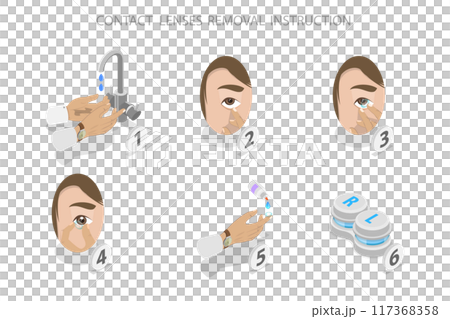 3D Isometric Flat  Illustration of Contact Lenses Removal Instruction, Ophtalmology and Eye Care 117368358