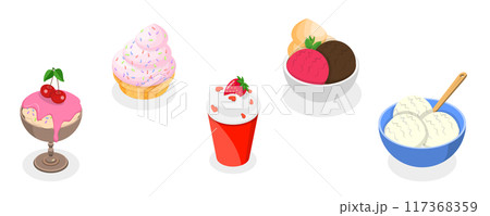 3D Isometric Flat  Set of Ice Creams, Collection of Cold Sweet Desserts 117368359