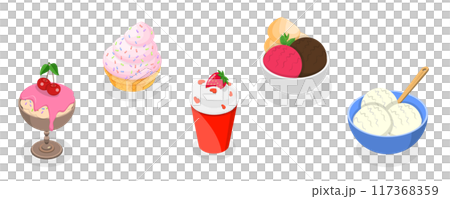 3D Isometric Flat Set of Ice Creams, Collection of Cold Sweet Desserts 3D Isometric Flat Set of Ice Creams, Collection of Cold Sweet Desserts 117368359