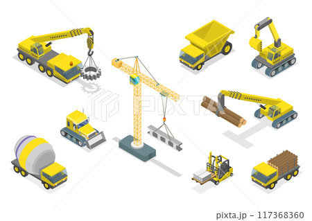 3D Isometric Flat Set of Construction Equipment , Special Machines for the Building Work 3D Isometric Flat Set of Construction Equipment , Special Machines for the Building Work 117368360