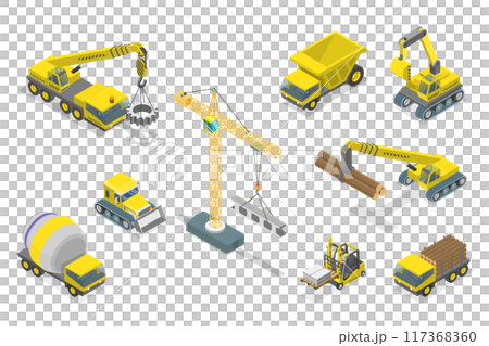 3D Isometric Flat Set of Construction Equipment , Special Machines for the Building Work 3D Isometric Flat Set of Construction Equipment , Special Machines for the Building Work 117368360
