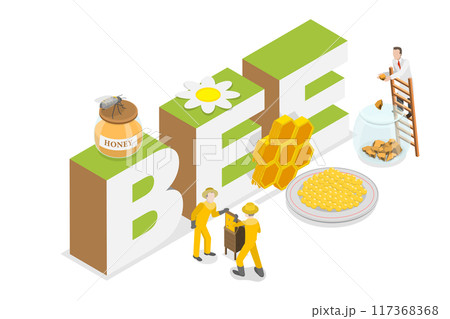 3D Isometric Flat  Illustration of Bee and Honey Production, Beekeeping Industry 117368368