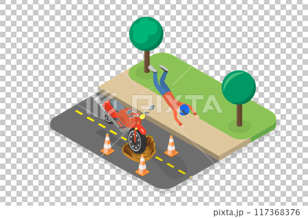 3D Isometric Flat  Illustration of Motorcycle Accident, Risks Driving a Personal Vehicles 117368376