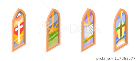3D Isometric Flat  Set of Church Stained Arched Windows , Different Styles and Drawing 117368377
