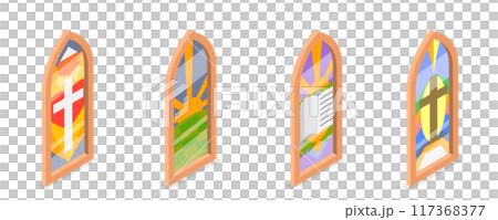 3D Isometric Flat  Set of Church Stained Arched Windows , Different Styles and Drawing 117368377