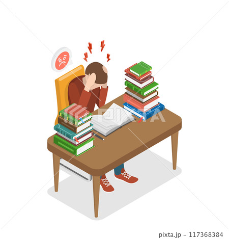3D Isometric Flat  Illustration of Stressed Student, Stressful Time in Study Process 117368384