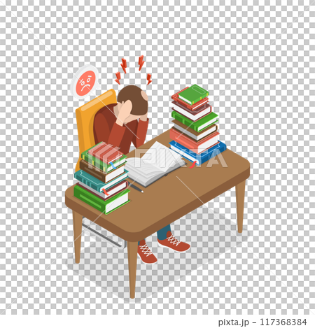 3D Isometric Flat  Illustration of Stressed Student, Stressful Time in Study Process 117368384