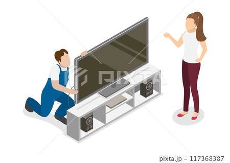 3D Isometric Flat  Illustration of Repairing Television, Service and Maintenance 117368387