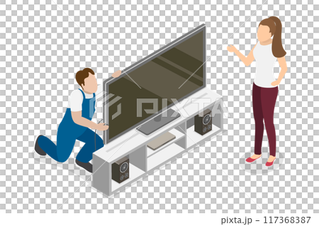 3D Isometric Flat Illustration of Repairing Television, Service and Maintenance 3D Isometric Flat Illustration of Repairing Television, Service and Maintenance 117368387