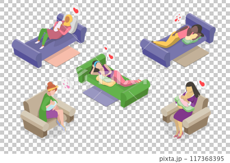 3D Isometric Flat  Illustration of Breastfeeding Positions, Mother Feeding Baby with Breast 117368395