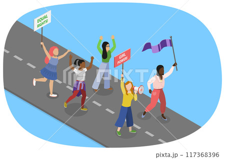 3D Isometric Flat  Illustration of Angry Feminist Protester , Group of Diverse People at Picket 117368396