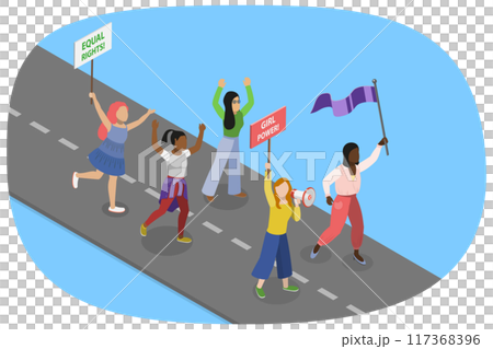 3D Isometric Flat  Illustration of Angry Feminist Protester , Group of Diverse People at Picket 117368396