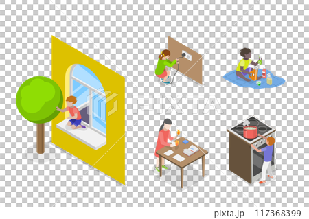 3D Isometric Flat Illustration of Dangerous Situations With Kids, Children Risks and Safety 3D Isometric Flat Illustration of Dangerous Situations With Kids, Children Risks and Safety 117368399