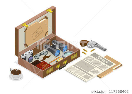 3D Isometric Flat  Illustration of Detective Vintage Briefcase, Secret Agent Stuff 117368402