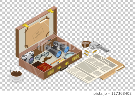 3D Isometric Flat Illustration of Detective Vintage Briefcase, Secret Agent Stuff 3D Isometric Flat Illustration of Detective Vintage Briefcase, Secret Agent Stuff 117368402