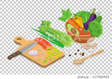 3D Isometric Flat Illustration of Tasty Recipes, Homemade Food Preparation 3D Isometric Flat Illustration of Tasty Recipes, Homemade Food Preparation 117368403