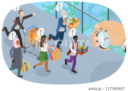 3D Isometric Flat Illustration of Shoppers Racing, Big Discount Advertising 3D Isometric Flat Illustration of Shoppers Racing, Big Discount Advertising 117368407