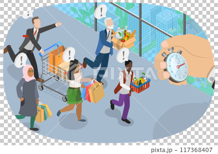 3D Isometric Flat Illustration of Shoppers Racing, Big Discount Advertising 3D Isometric Flat Illustration of Shoppers Racing, Big Discount Advertising 117368407